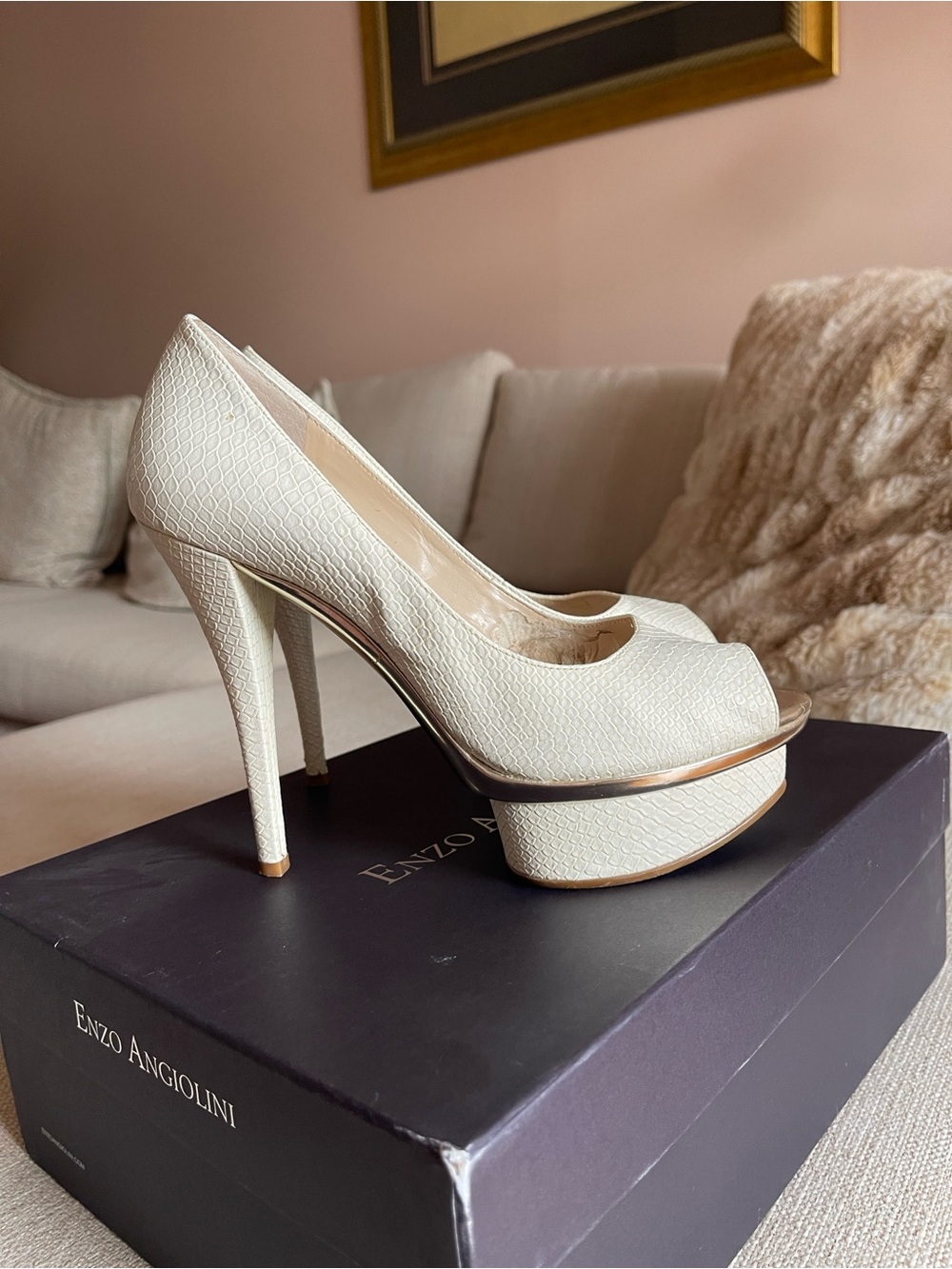 Enzo Angiolini Cream Peep-Toe Platform Pumps